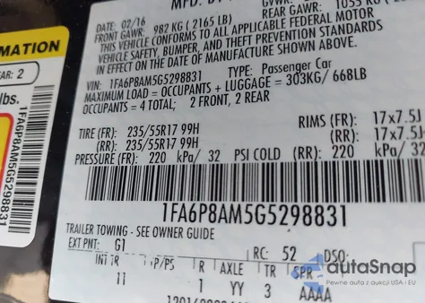 2016 Ford Mustang V6 z USA, uszkodzony, nr VIN 1FA6P8AM5G5298831